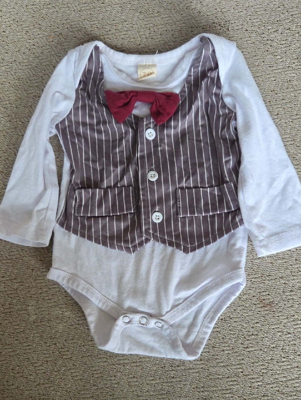 White Baby One-Piece Bodysuit with Brown Pinstripe Vest and Red Bow